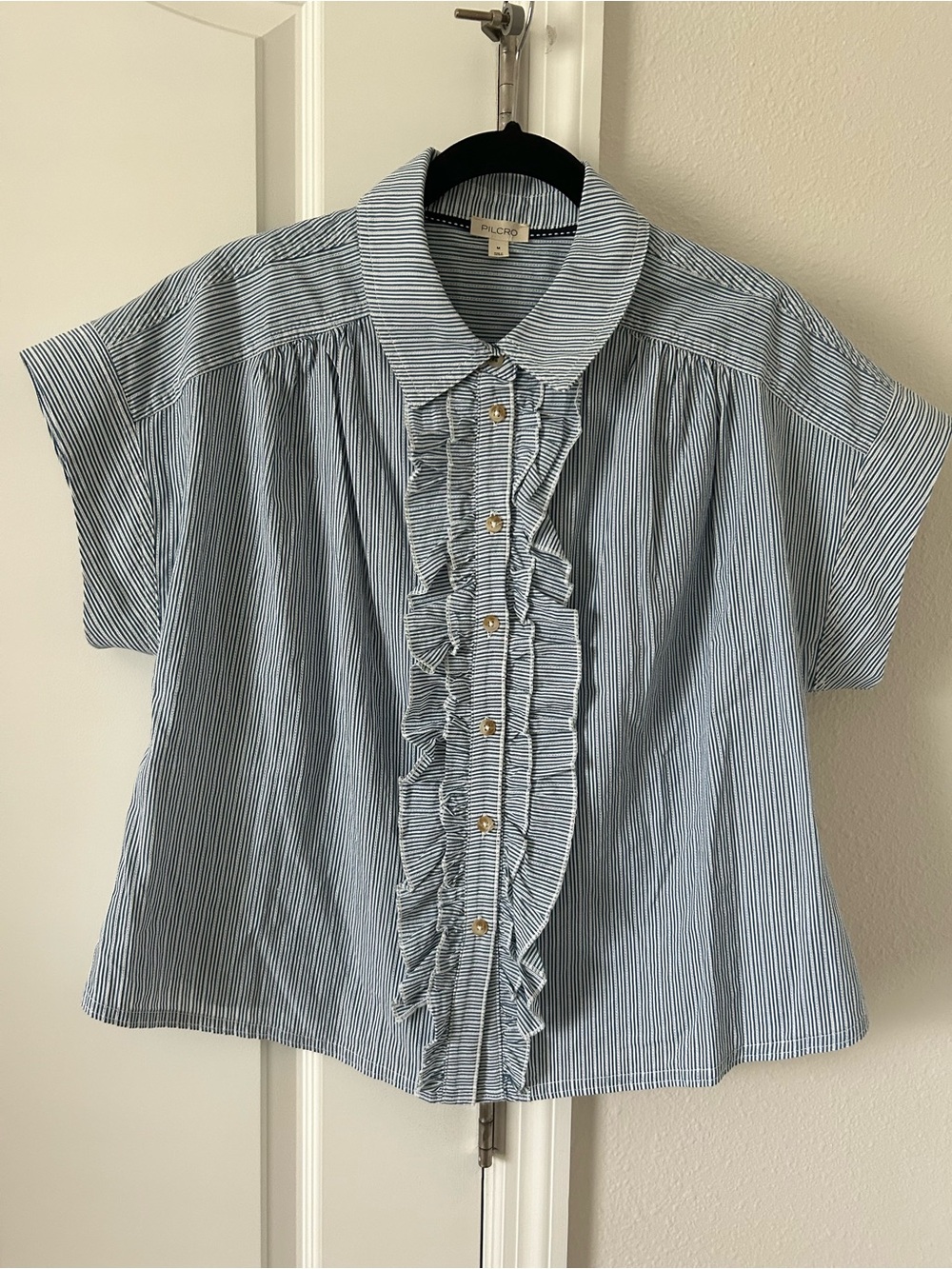 Anthropologie Pilcro Blue Striped Ruffle-Trim Button Front Shirt Top Blouse - Picture 2 of 12